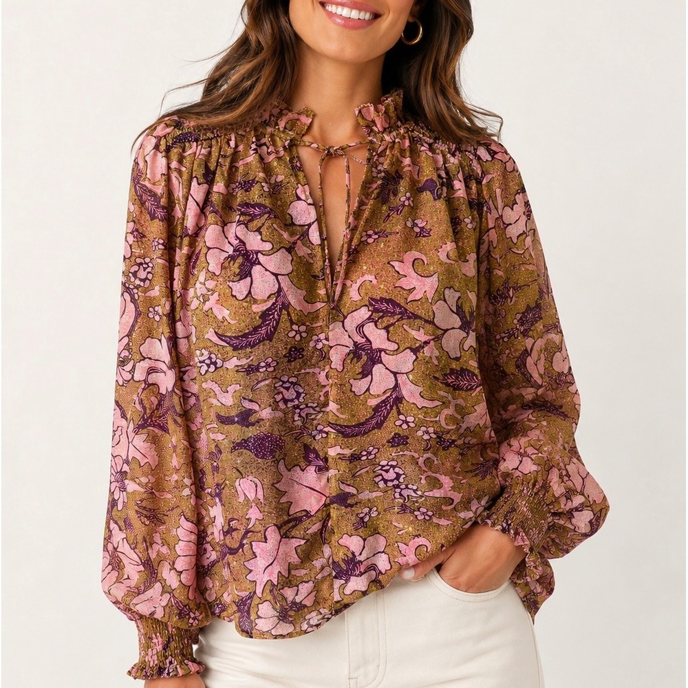 o.p.t. Blouse Top Floral Long‎ Sleeve Pink Metallic Gold Small